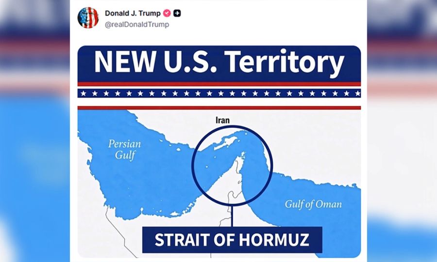 Bản đồ eo biển Hormuz với dòng chữ lãnh thổ mới của Mỹ được Tổng thống Donald Trump đăng ngày 18/8. Ảnh: Truth Social/Donald J. Trump