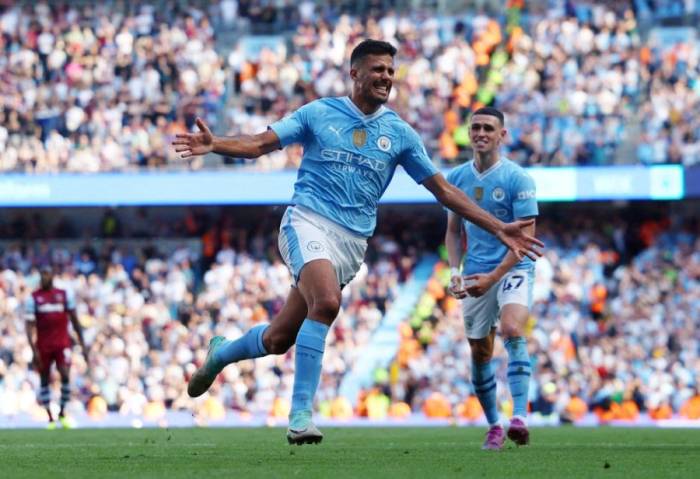 Rodri ăn mừng bàn thắng trong trận Man City – West Ham trên sân Etihad, Manchester, Anh ngày 19/5/2024. Ảnh: Reuters