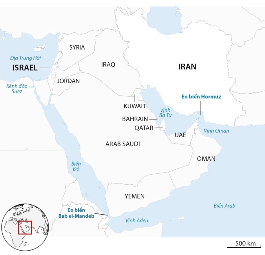 Vị trí eo biển Hormuz, UAE và Iran. Đồ họa: Guardian