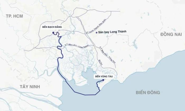 Lộ trình lai dắt vòm cầu 3.400 tấn từ Vũng Tàu về Bến Bạch Đằng. Đồ họa: Hoàng Thanh