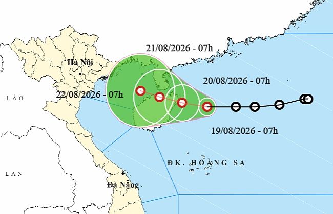 Dự báo hướng đi của áp thấp nhiệt đới, sáng 19/8. Ảnh: NCHMF