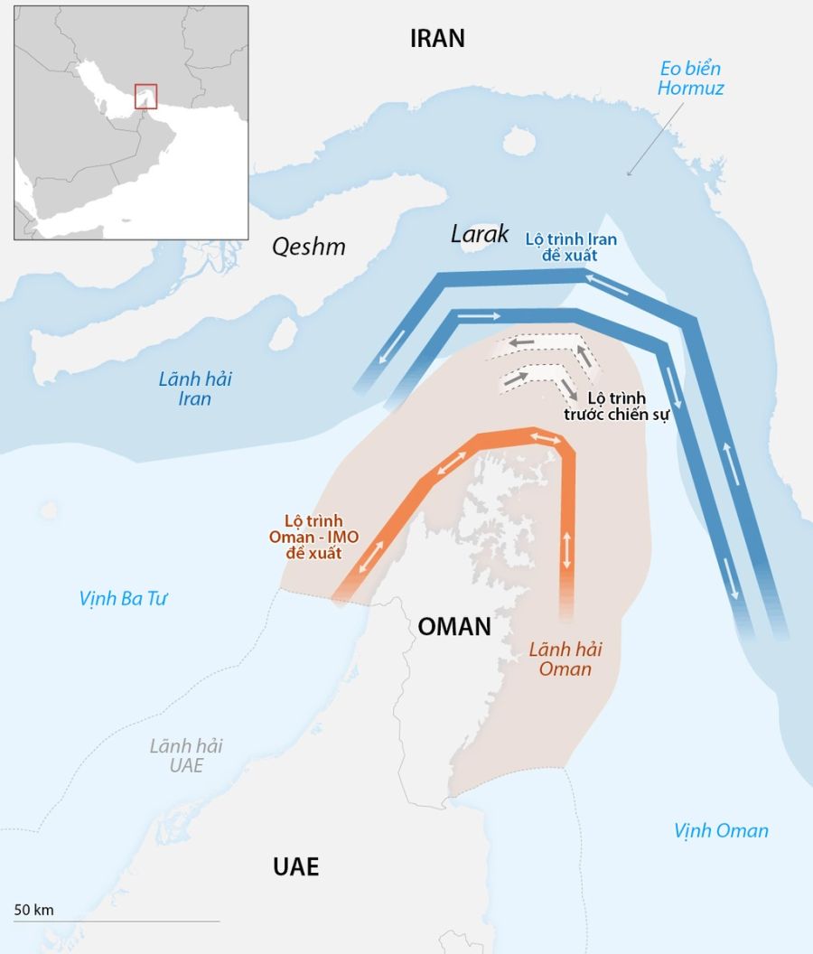 Các hải trình hiện được tàu thuyền sử dụng để đi qua eo biển Hormuz. Đồ họa: CNN