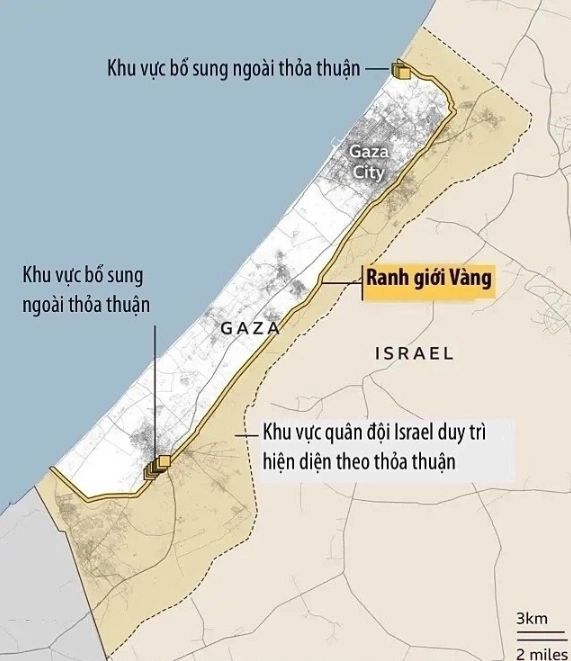 Ranh giới khu vực Israel và Hamas kiểm soát tại Dải Gaza theo thỏa thuận ngừng bắn năm 2025. Đồ họa: BBC