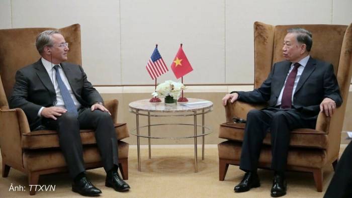 Tổng Bí thư, Chủ tịch nước Tô Lâm tiếp ông Troy Rohrbaugh, Đồng Tổng giám đốc toàn cầu Ngân hàng JPMorgan Chase. Ảnh: TTXVN