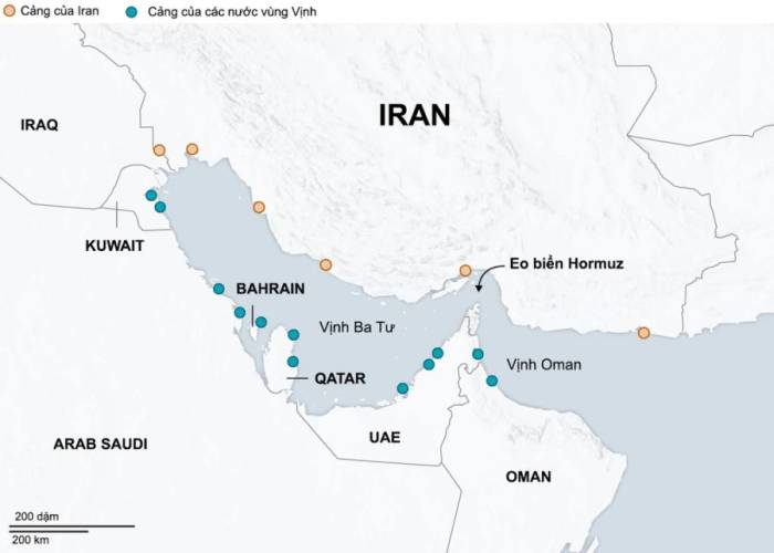 Vị trí eo biển Hormuz và các cảng biển ở vùng Vịnh. Đồ họa: WSJ