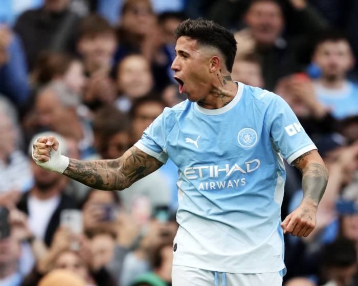 Enzo Fernandez mừng bàn trong trận Man City thắng Sunderland 5-3 ở vòng năm Ngoại hạng Anh trên sân Etihad, Manchester, Anh ngày 20/9/2026. Ảnh: PA