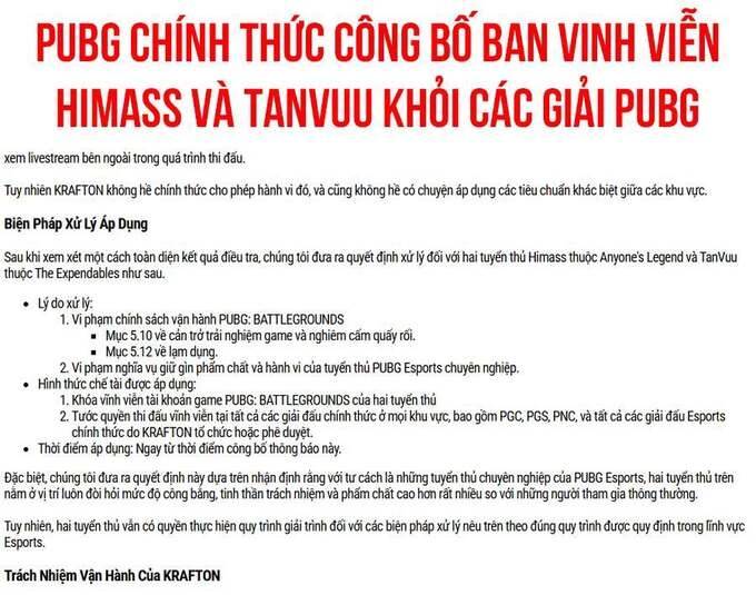 Thông báo từ trang PUBG.com.