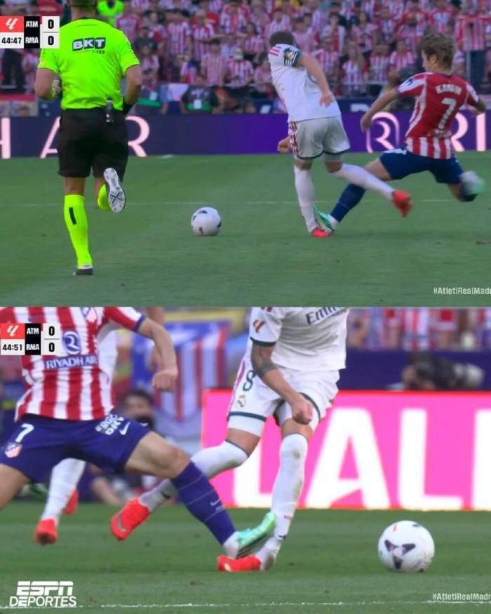 ... rồi Lee Kang-in dùng gầm giày tác động vào mắt cá chân trái của Federico Valverde, nhưng hai cầu thủ Atletico đều không nhận thẻ đỏ.