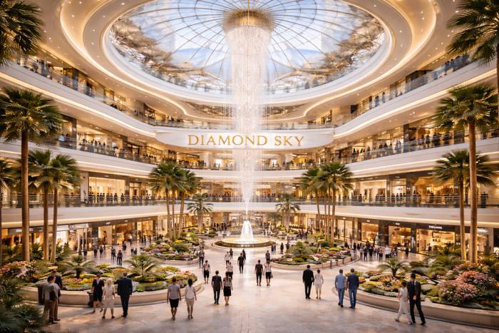 Trung tâm thương mại Diamond Sky Mall 30.000 m2 tại khối đế. Ảnh: VPG