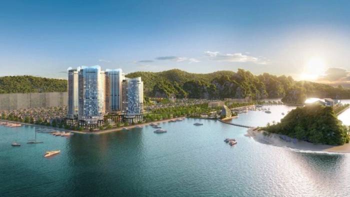 Phối cảnh dự án với tầm nhìn vịnh Bái Tử Long. Ảnh: Crystal Holidays Harbour Vân Đồn