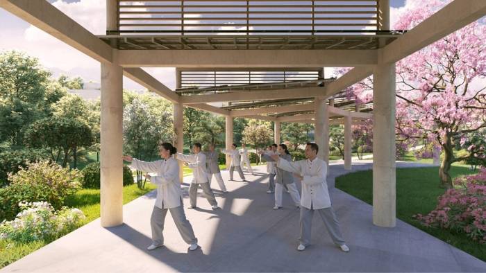 Phối cảnh không gian tập dưỡng sinh giữa công viên cảnh quan tại Legacy Nexus. Ảnh: An Thịnh Group