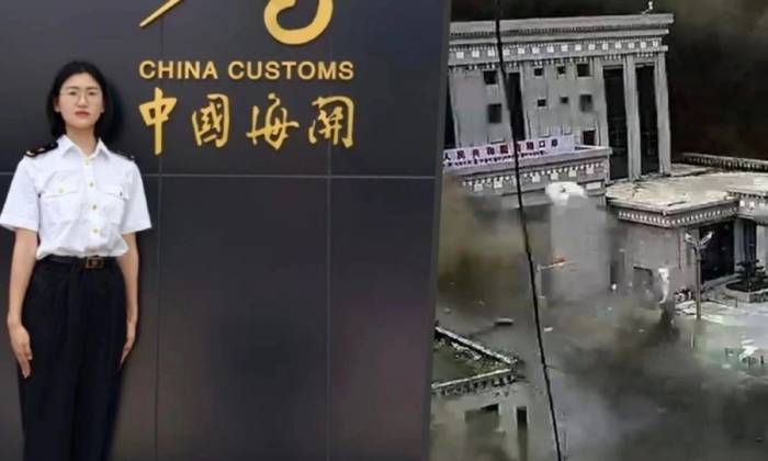 Lý Lôi Dương (trái) và cửa khẩu Cát Long ở khu vực Tây Tạng, Trung Quốc, khi cơn lũ quét càn qua  hôm 26/8. Ảnh: SCMP