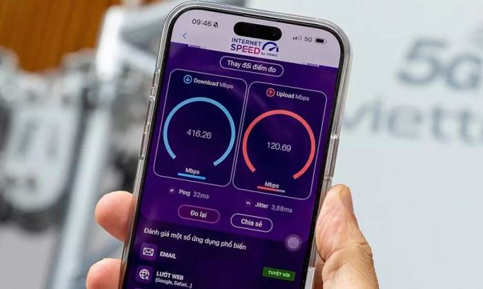 Giao diện đo bằng ứng dụng i-Speed trong ngày đầu 5G được thương mại hóa tại Việt Nam, tháng 10/2024. Ảnh: Lưu Quý