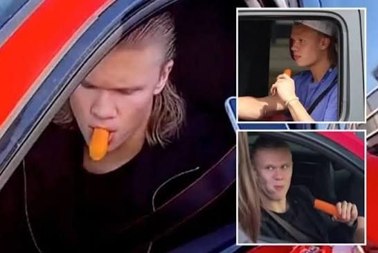 Erling Haaland trong những dịp vừa ký tặng cho người hâm mộ, vừa nhấm nháp cà rốt. Ảnh: Facebook/Instagram
