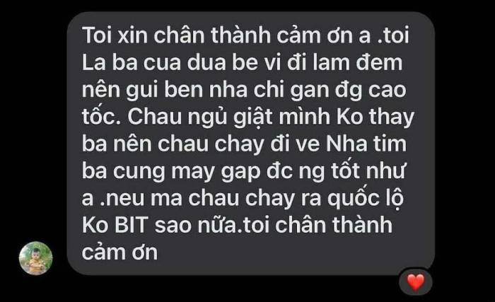 Tin nhắn ba cháu cám ơn vợ chồng anh Hoài được anh chia sẻ trên mạng xã hội.