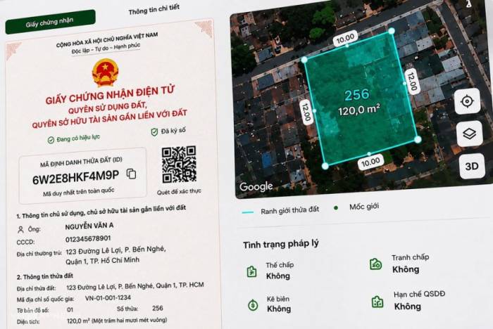 Giao diện mã định danh thửa đất và sổ đỏ điện tử đang trong quá trình hoàn thiện, chưa phải phiên bản cuối cùng. Ảnh: Trọng Đạt