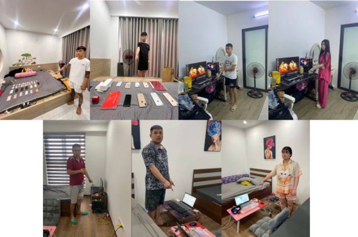 Một số đối tượng trong đường dây và tang vật vụ án. Ảnh: CACC