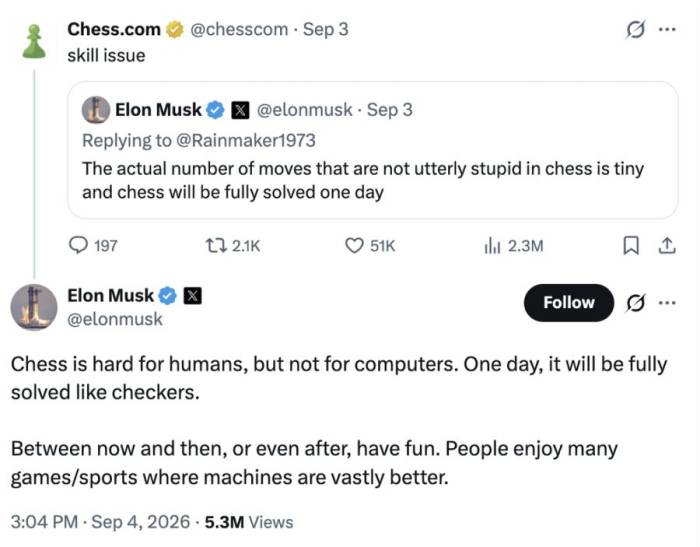 Một phần cuộc khẩu chiến giữa Musk và Chess. Ảnh: chụp màn hình