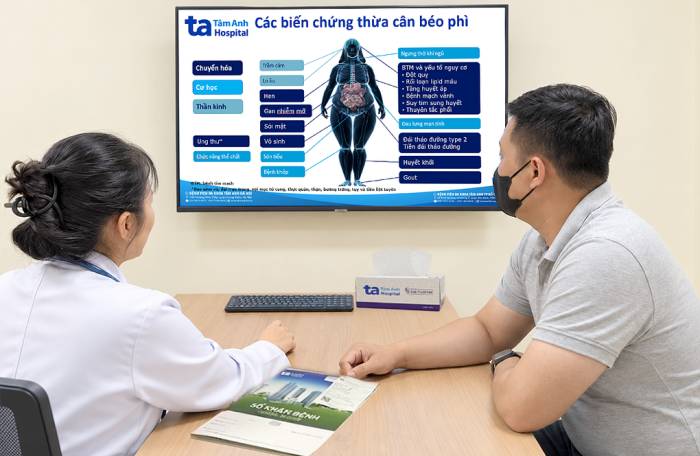 Bác sĩ Khuyên giải thích về những biến chứng của thừa cân, béo phì cho anh Mạnh. Ảnh: Bệnh viện Đa khoa Tâm Anh