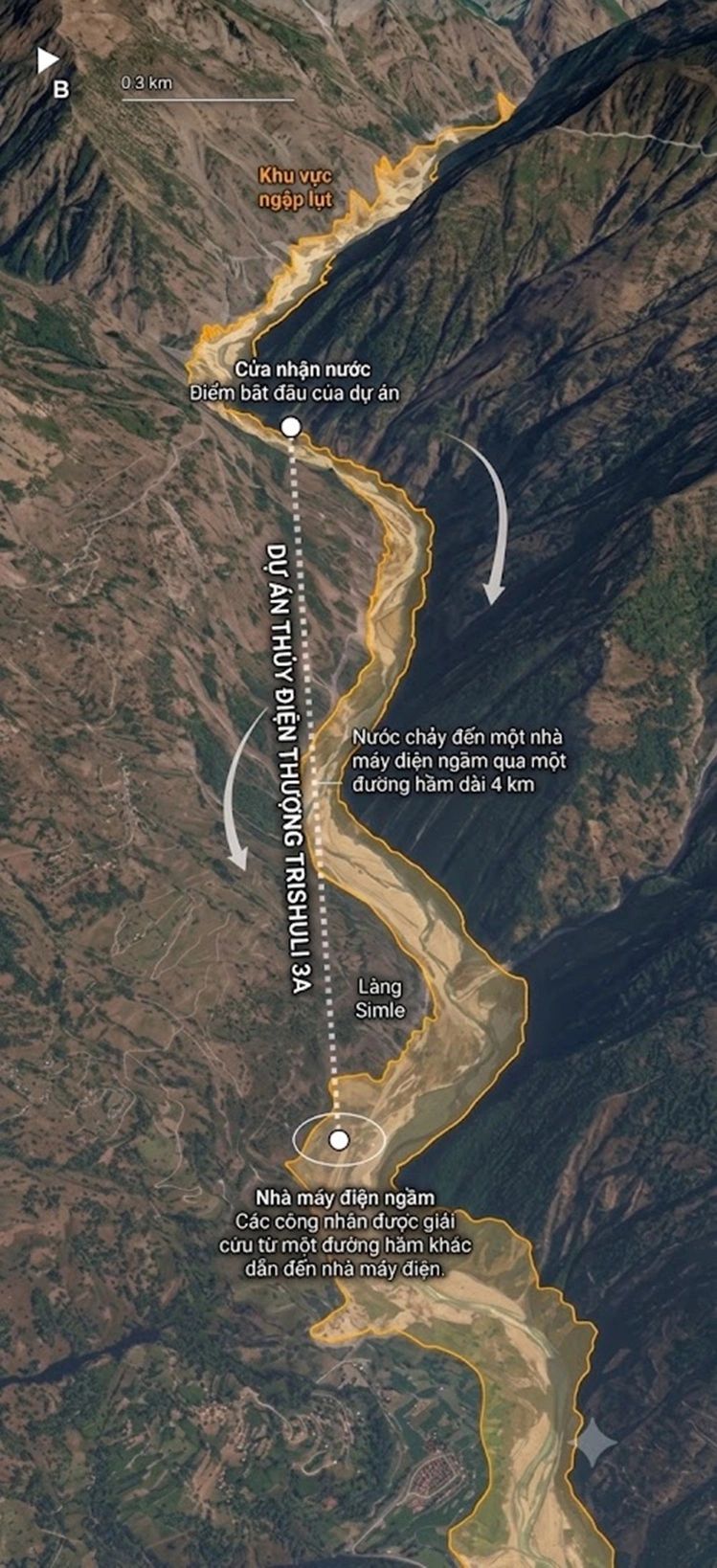 Công trình nhà máy thủy điện Thượng Trishuli 3A. Đồ họa: Google Maps