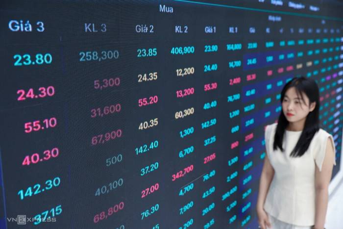 Nhà đầu tư đang quan sát bảng giá điện tử tại một công ty chứng khoán ở TP HCM. Ảnh: Quỳnh Trần