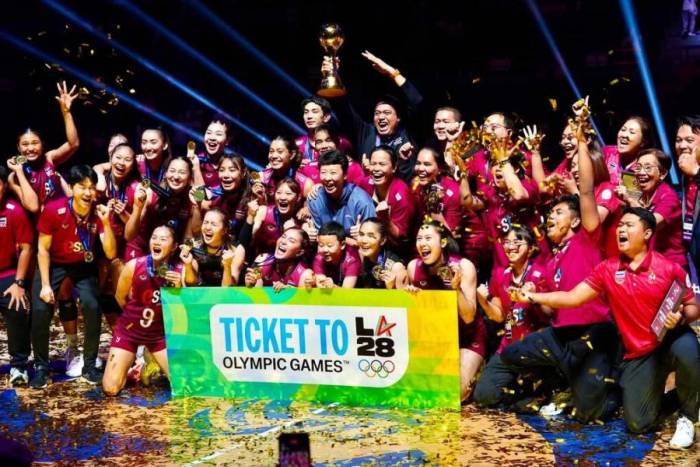 Thái Lan vô địch giải bóng chuyền nữ châu Á 2026 và giành vé dự Olympic Los Angeles 2028, sau khi thắng Trung Quốc 3-2 ở chung kết tại nhà thi đấu Thiên Tân, Trung Quốc ngày 30/8/2026. Ảnh: TVA