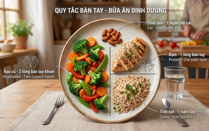 Áp dụng quy tắc bàn tay trong chế độ ăn có thể giúp kiểm soát cân nặng và giảm cân. Ảnh được tạo bởi AI