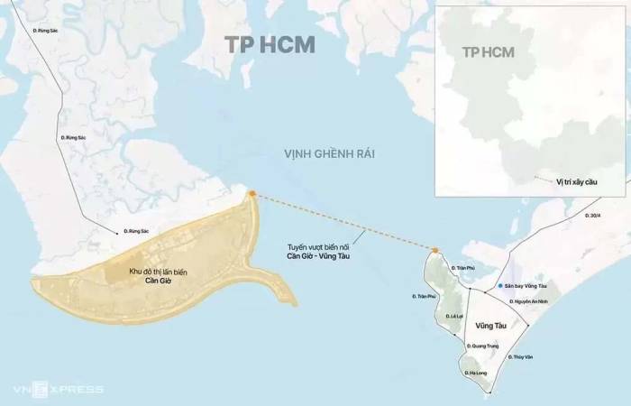 Vị trí đường vượt biển nối Cần Giờ - Vũng Tàu và sân bay. Đồ họa: Tâm Thảo