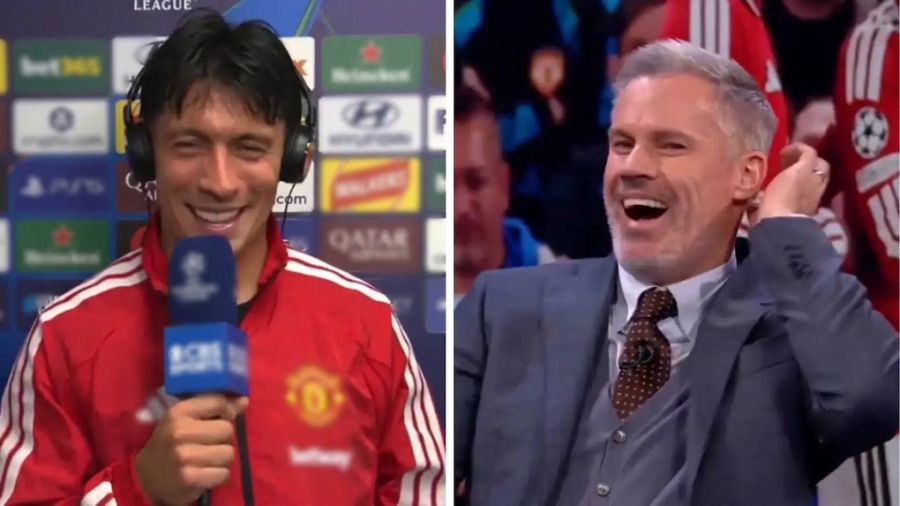 Lisandro Martinez và Jamie Carragher trong phỏng vấn sau trận đấu vòng phân hạng Champions League giữa Man Utd và Sabah FK trên sân Old Trafford, Manchester, Anh ngày 10/9/2026. Ảnh: AP