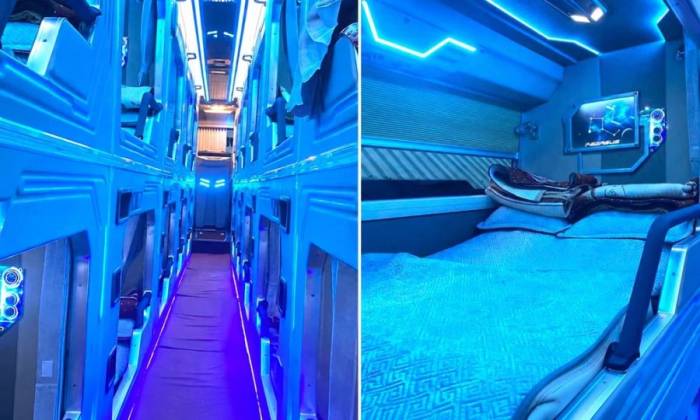 Nội thất của xe được quảng cáo buồng đôi, một chỗ được bố trí 2 gối, 2 chăn. Ảnh chụp màn hình