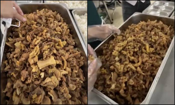 Món ăn mà phụ huynh cho rằng là tóp mỡ trong bữa ăn bán trú trưa 23/9 của học sinh trường Tiểu học Quảng Bị 1. Ảnh cắt từ clip