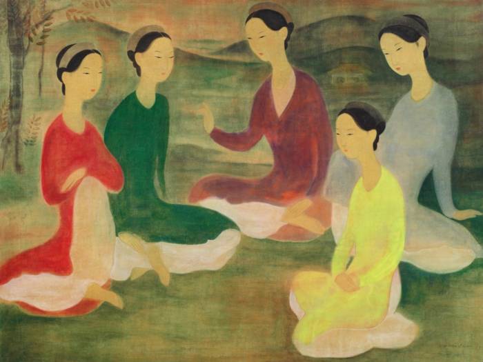 Tranh Conversation délégantes au jardin (tạm dịch: Cuộc trò chuyện của những phụ nữ thanh lịch trong vườn), kích thước 85,6x114,5 cm, mực và bột màu trên lụa. Ảnh: Sothebys