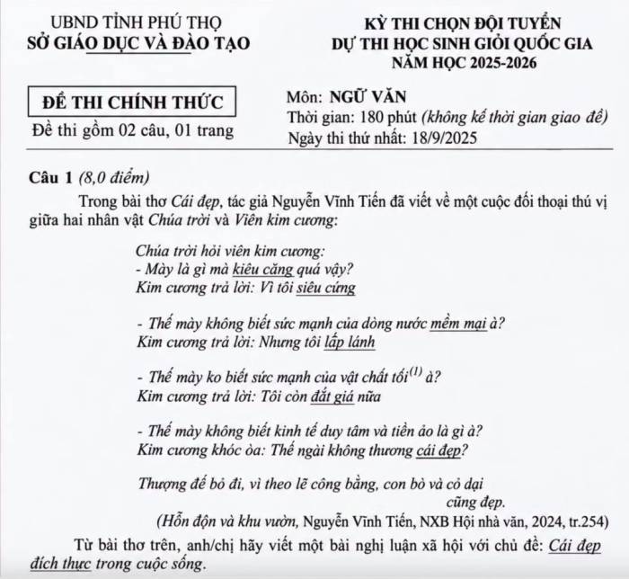 Đề thi học sinh giỏi Ngữ Văn của tỉnh Phú Thọ, năm học 2025-2026. Ảnh: Sở Giáo dục và Đào tạo