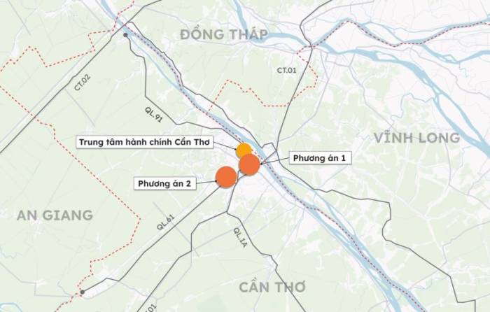 Hai phương án đề xuất đặt Trung tâm hành chính Cần Thơ mới. Đồ hoạ: Tâm Thảo