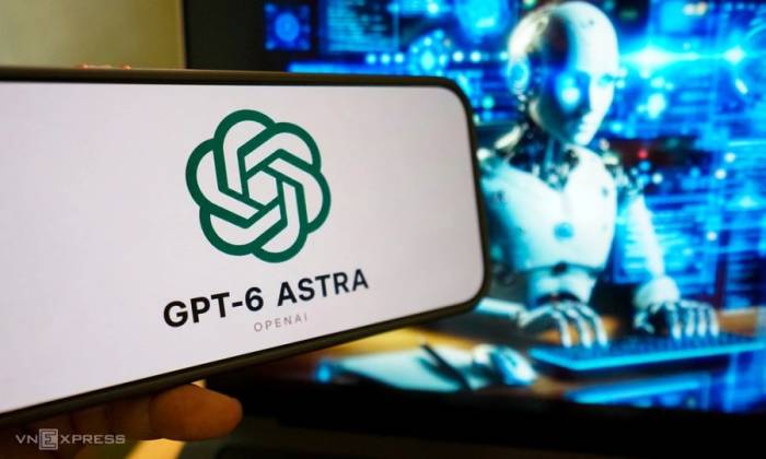Logo OpenAI và GPT-6 Astra hiển thị trên một chiếc smartphone. Ảnh: Bảo Lâm