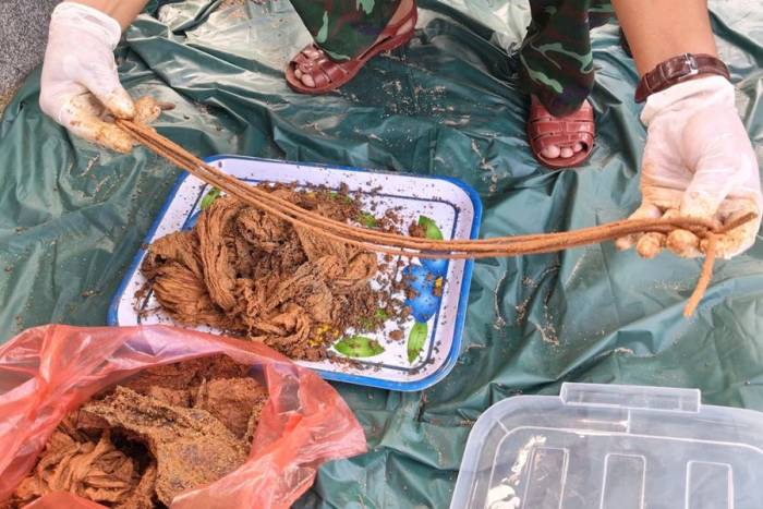 Dây dù và võng vải được tìm thấy trong mộ tập thể. Ảnh: Quang Cường