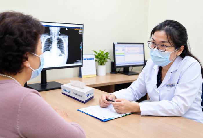 Bác sĩ Trúc tư vấn cho người bệnh về thói quen khám sức khỏe, kiểm soát bệnh nền. Ảnh: Bệnh viện Đa khoa Tâm Anh