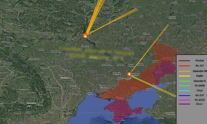 Đường bay của tên lửa Nga. Đồ họa:: X/AMK Mapping