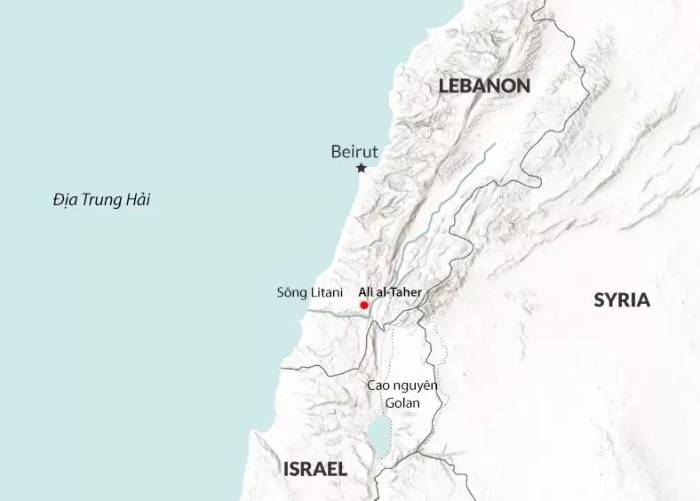 Vị trí dãy đồi Ali al-Taher (chấm đỏ) ở miền nam Lebanon. Đồ họa: RANE