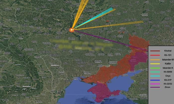 Đường bay ước tính của tên lửa Nga trong cuộc tập kích Kiev. Đồ họa: X/AMK Mapping
