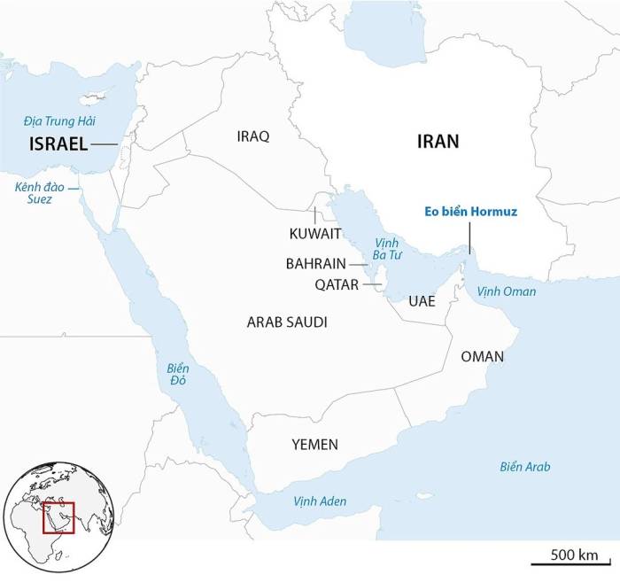 Vị trí eo biển Hormuz. Đồ họa: Guardian