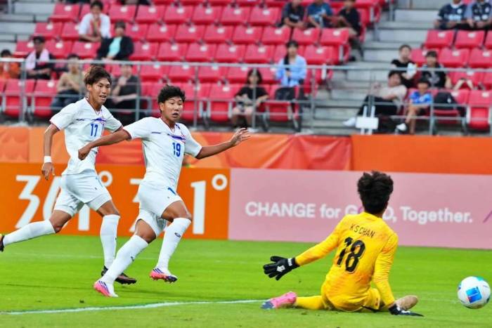 Tiền đạo Thái Lan Worawut Sripan (19) ghi bàn nâng tỷ số lên 2-1 ở phút 53 trong trận thắng Hong Kong 5-1 ở lượt hai bảng A ASIAD 20, trên sân Toyota, Nhật Bản ngày 20/9/2026. Ảnh: ThailandNT