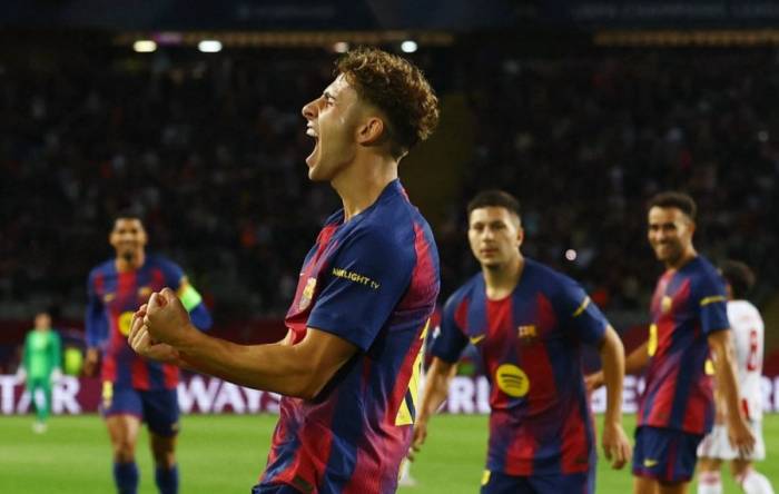 Fermin Lopez ăn mừng bàn thắng sau khi ghi bàn trong trận Barca – Olympiacos ở vòng bảng phân hạng Champions League trên sân Lluis Companys, Barcelona, Tây Ban Nha ngày 21/10/2025. Ảnh: Reuters