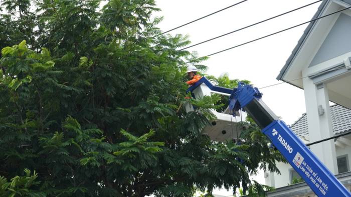Công ty Điện lực Đất Đỏ phát quang cây xanh có nguy cơ ảnh hưởng hành lang lưới điện trước mùa mưa bão. Ảnh: EVNHCMC