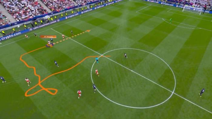 Kai Havertz trong vai trò số 9 ảo với sự tự do di chuyển phá cách kèm người một-một của PSG, trong tình huống mở tỷ số ở trận PSG – Arsenal trên sân Puskas Arena, Budapest, Hungary ngày 30/5/2026. Ảnh: UEFA