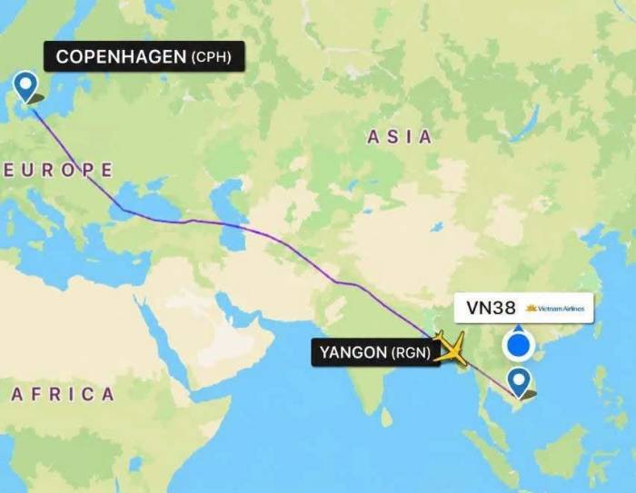 Chuyến bay VN38 hạ cánh tại Yangon để cấp cứu hành khách. Ảnh: Vietnam Airlines