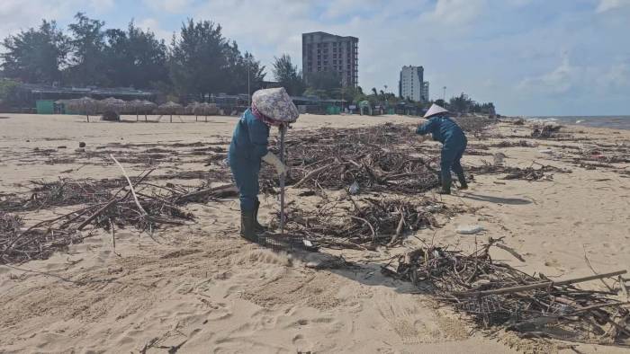 Gỗ, củi phủ kín bãi biển Nhật Lệ sau mưa lũ