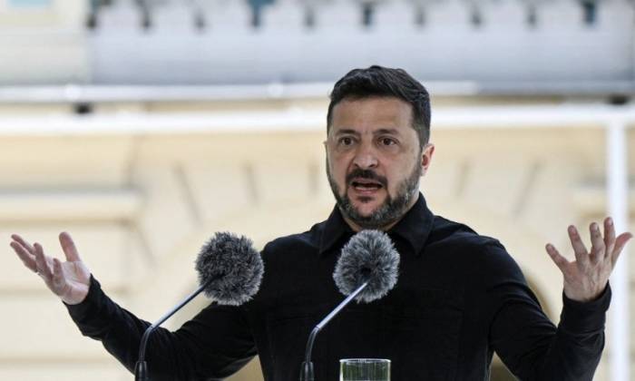 Tổng thống Ukraine Volodymyr Zelensky phát biểu tại một cuộc họp báo ở thủ đô Kiev ngày 16/7. Ảnh: AFP