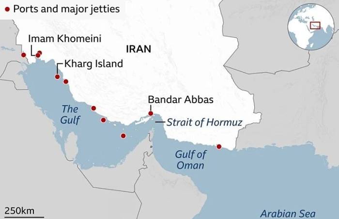 Vị trí các cảng và cầu tàu của Iran ở vùng Vịnh. Đồ họa: BBC