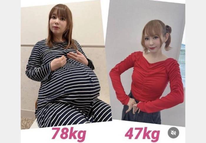 Shoko Nakagawa trước (trái) và sau khi sinh, giảm 30 kg. Ảnh: Shoko55mmts Instagram